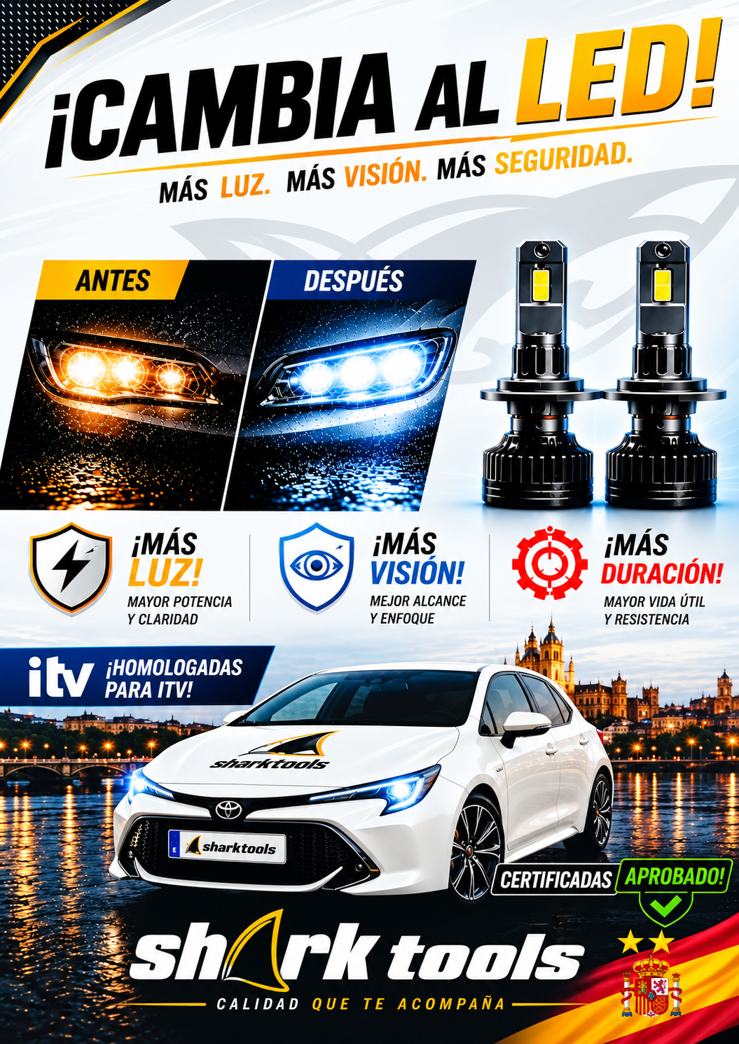 Iluminación LED Shark Tools: comparativa de iluminación antes y después, bombillas LED y promoción de mayor luz, visión y duración.