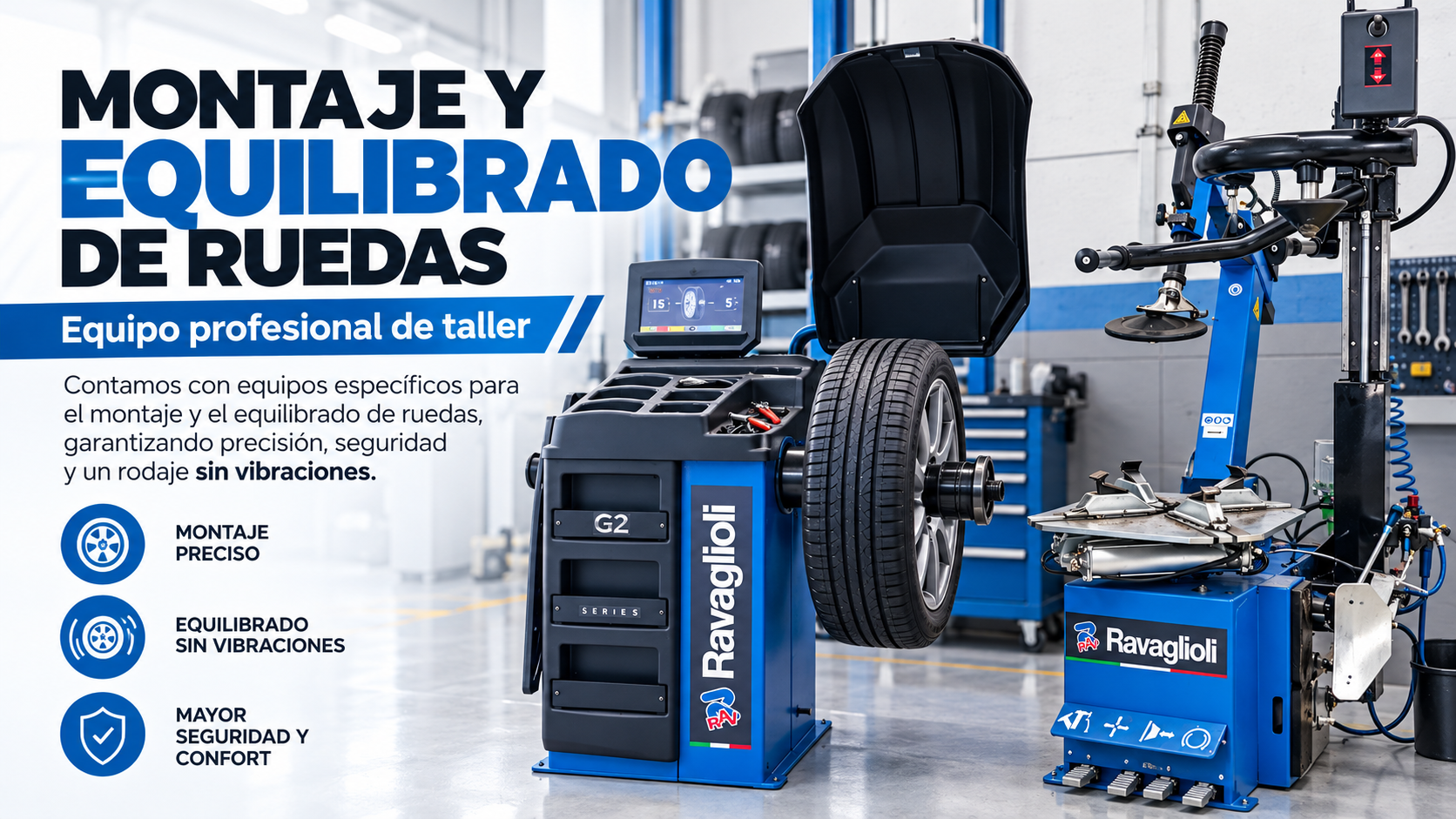 Montaje y equilibrado de ruedas con equipo profesional de taller: montaje preciso, equilibrado sin vibraciones y mayor seguridad y confort.
