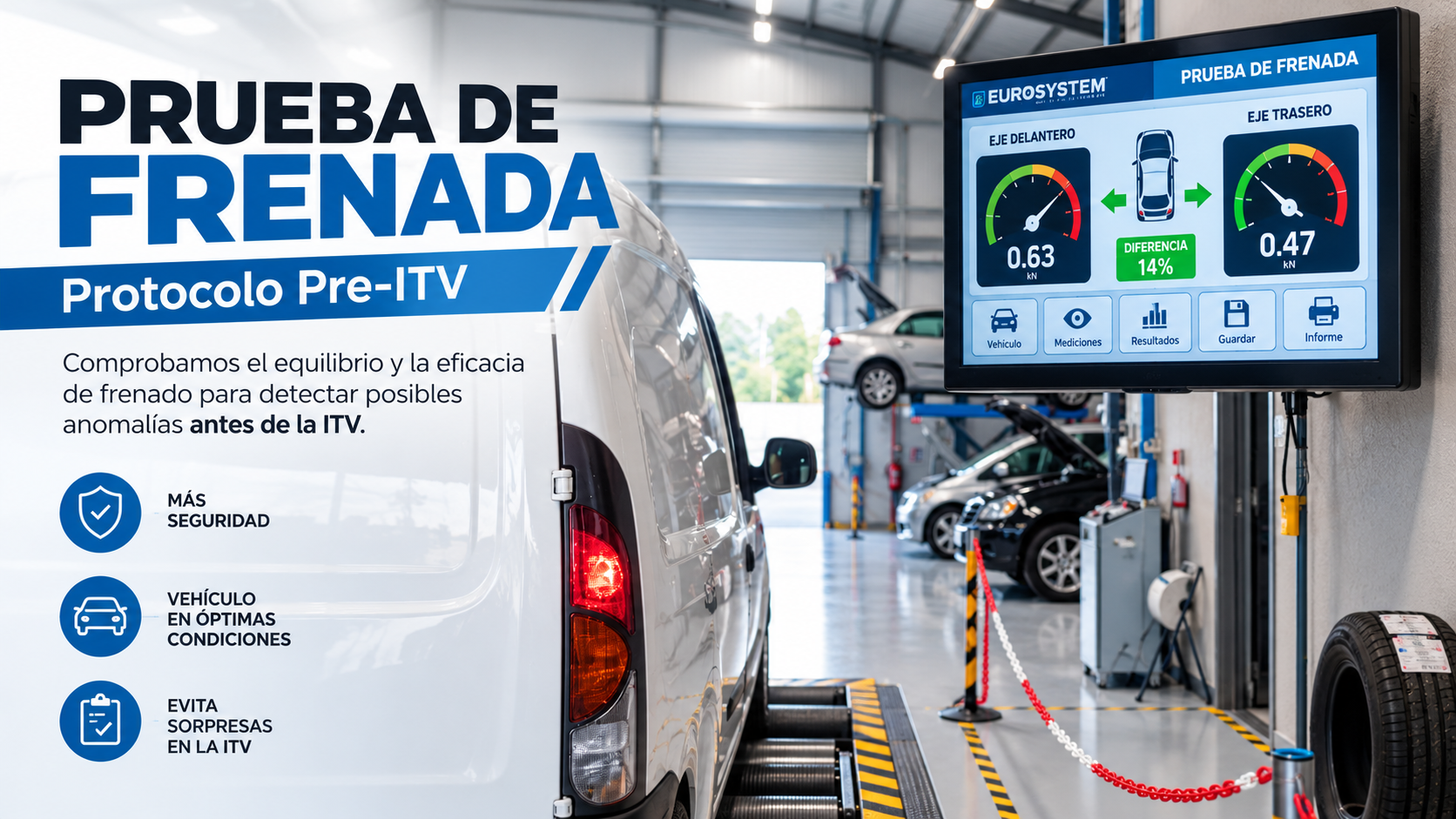 Prueba de frenada, protocolo pre-ITV: comprobamos el equilibrio y la eficacia de frenado para detectar posibles anomalías antes de la ITV. Más seguridad, vehículo en óptimas condiciones y evita sorpresas en la ITV.